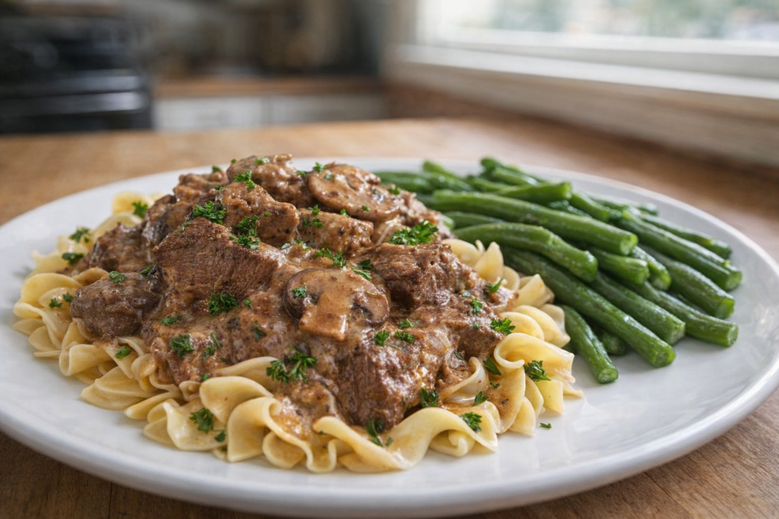 Plated beef stroganoff over egg noodles, garnished with parsley, side of steamed green beans, bright, appetizing lighting